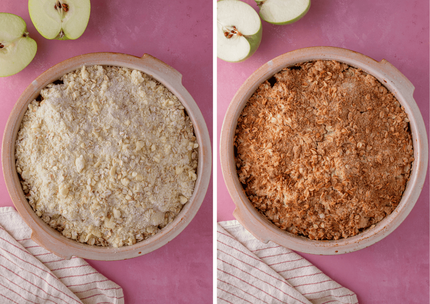 The gluten free apple crumble before and after baking.