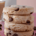 A stack of gluten free chocolate chip shortbread cookies.