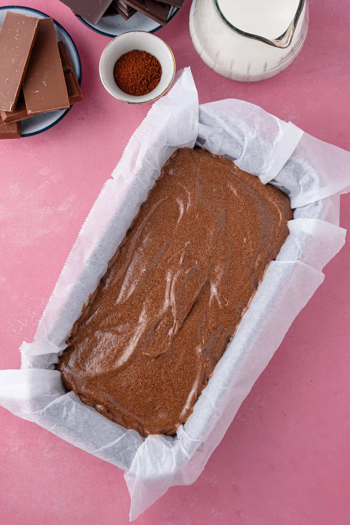 The chocolate coffee cake batter in a loaf tin.