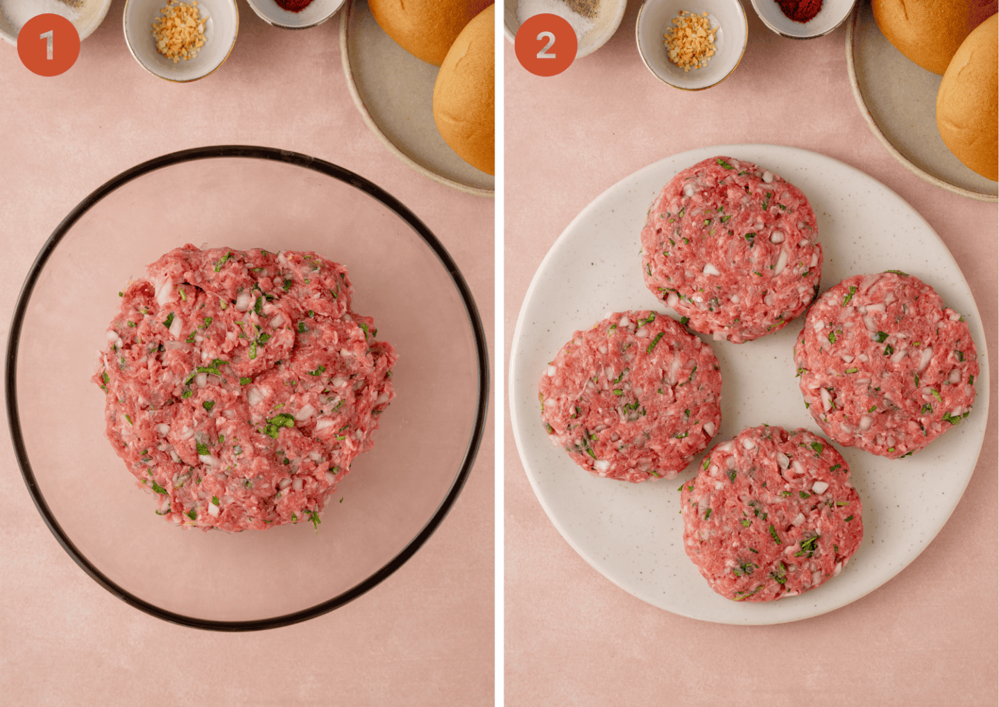 Left: the burger mixture in a bowl and right: forming the burgers into four patties.