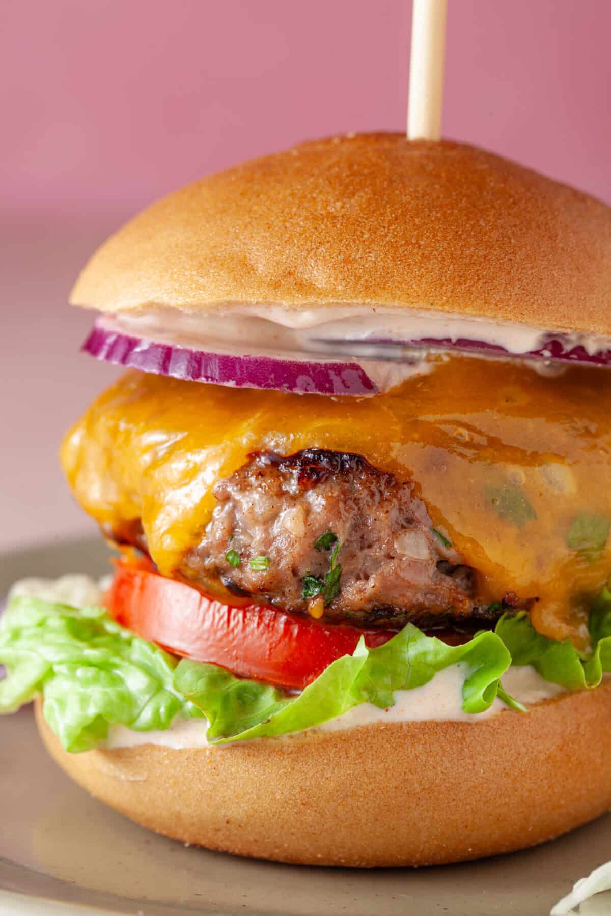 A gluten free beef burger with lettuce, red onion, tomato and cheese.