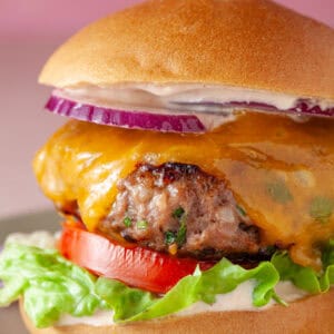 A gluten free beef burger with lettuce, red onion, tomato and cheese.