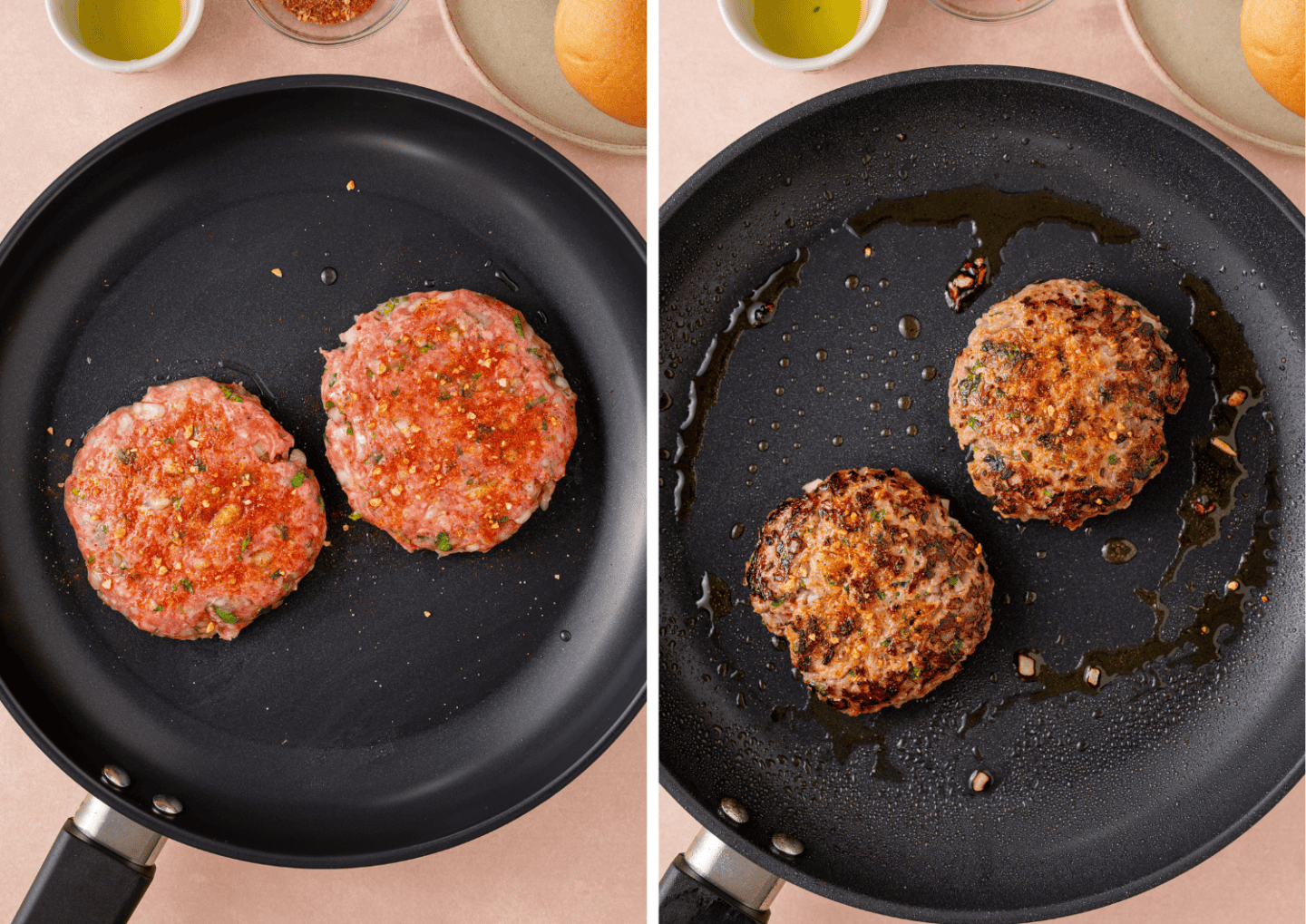 The beef burgers cooking in a pan before and after flipping them over.