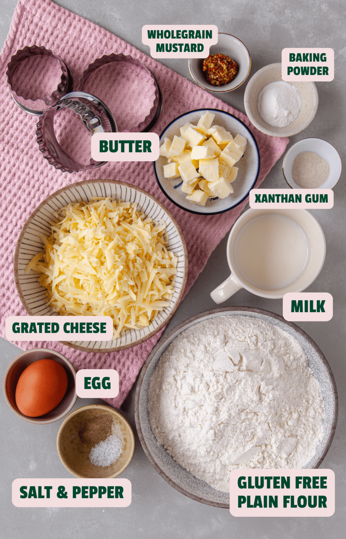 Ingredients for gluten free cheese scones with text labels.