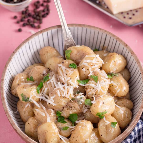 A bowl of gnocchi cacio e pepe.