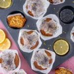 A tray of gluten free lemon and poppyseed muffins.