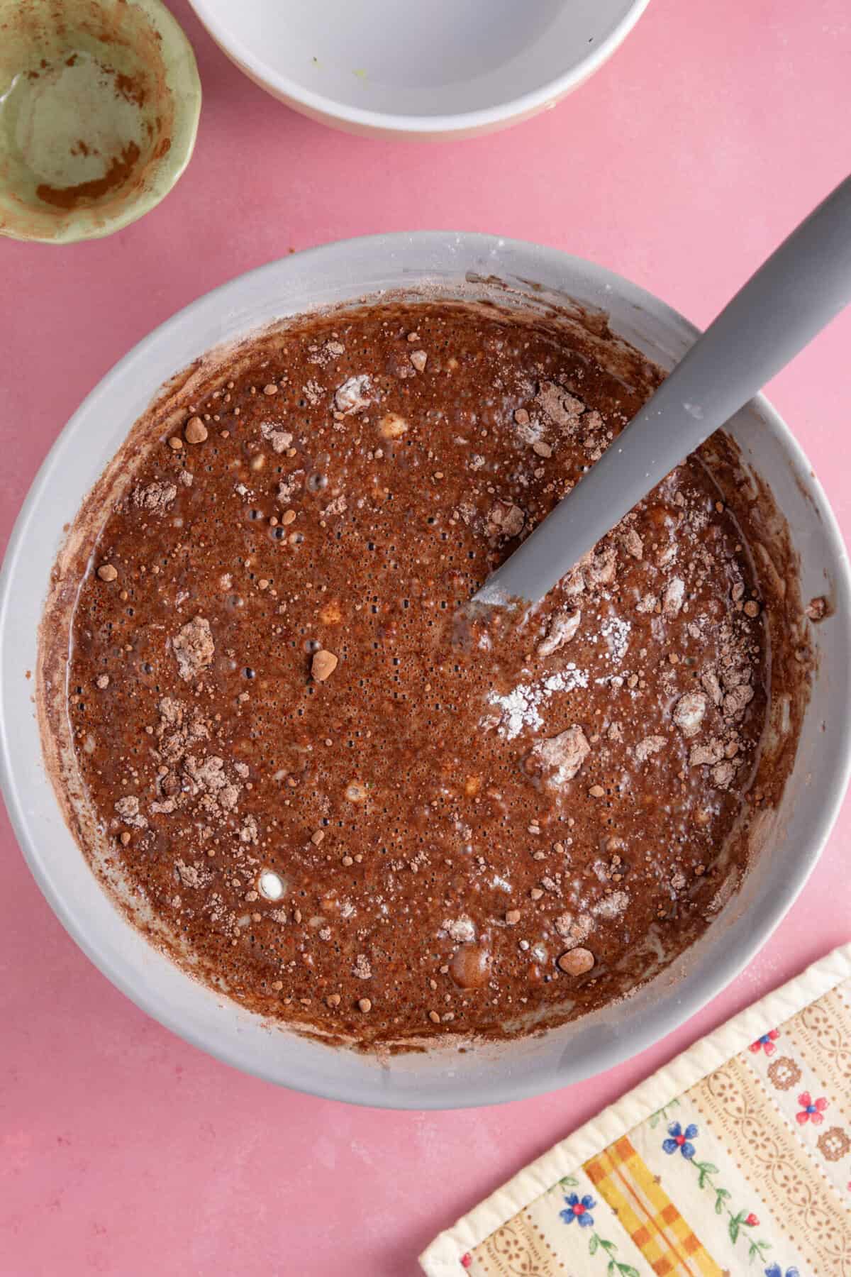 Mix to form a runny, chocolate batter, then bake in a loaf tin.