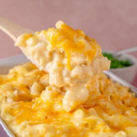 A spoon lifting out a serving of gluten free mac and cheese.