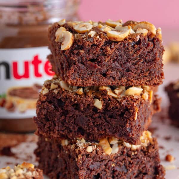 A stack of gluten free Nutella brownies.