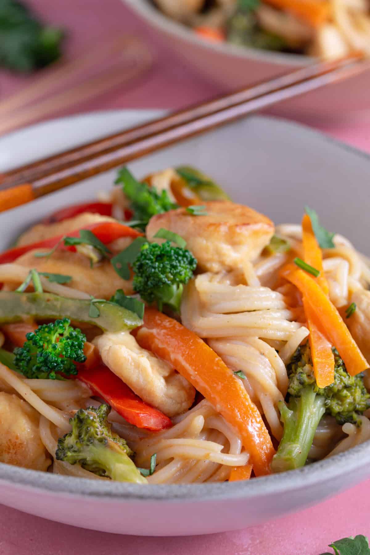 Close up of a bowl of peanut butter noodles.