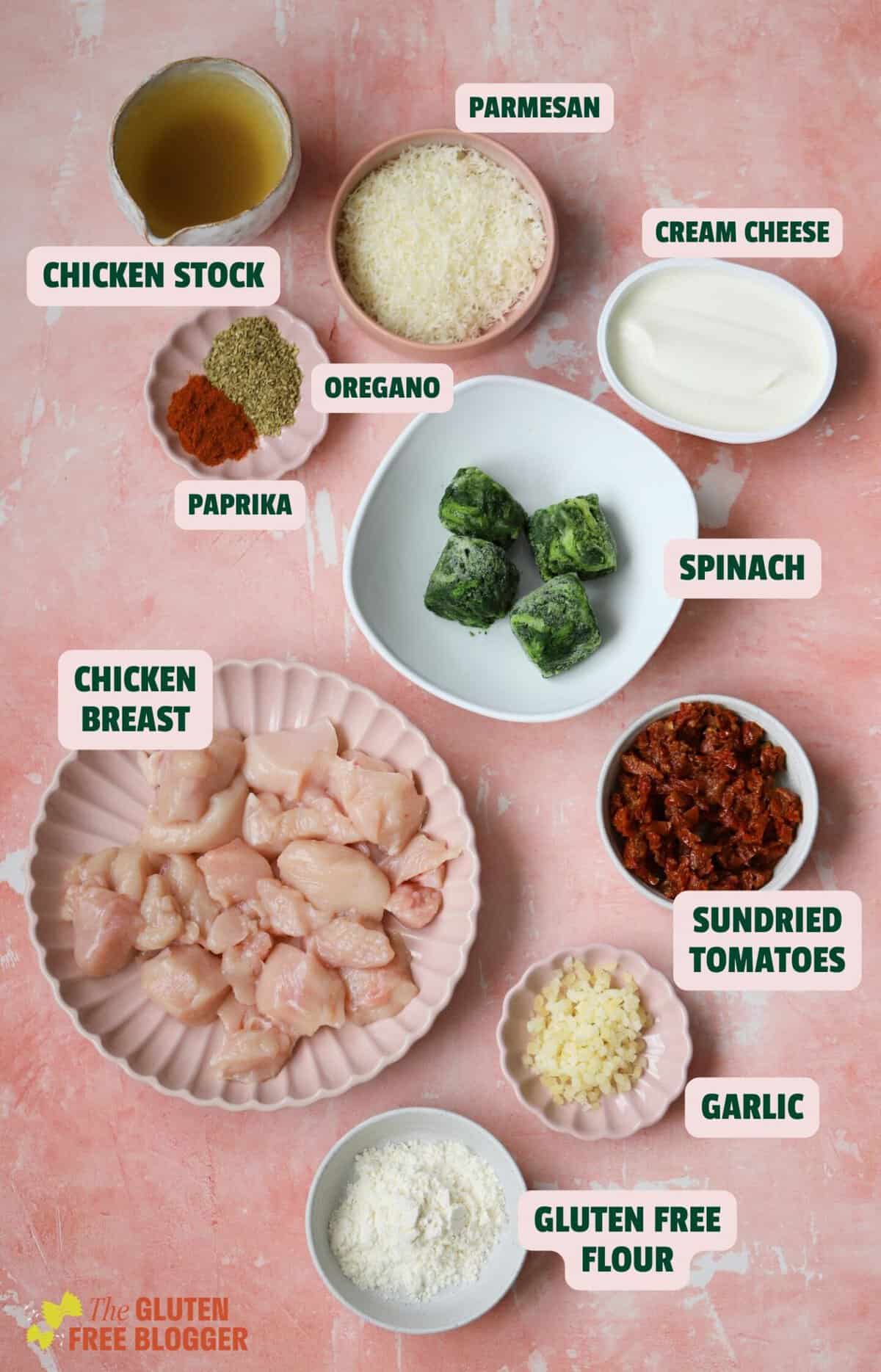 Ingredients for slow cooker tuscan chicken with labels.