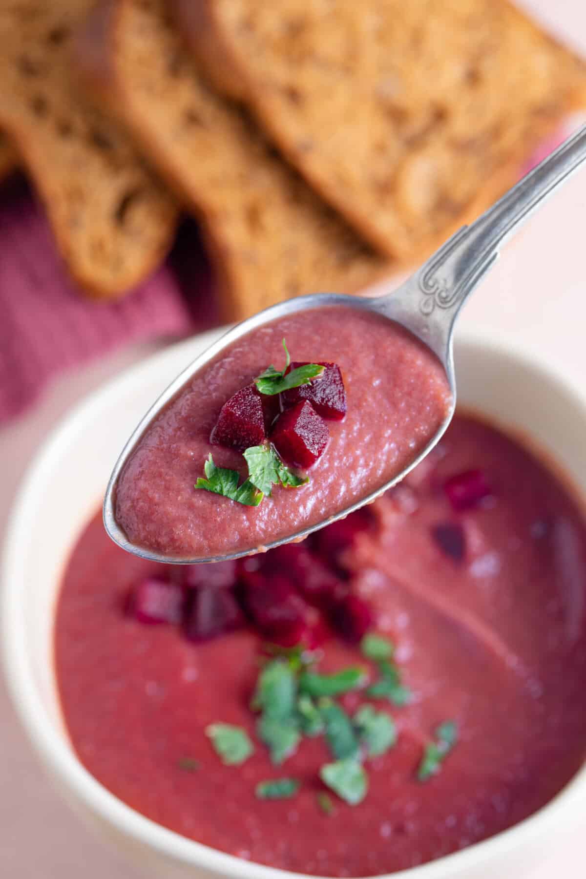A spoonful of beetroot soup.