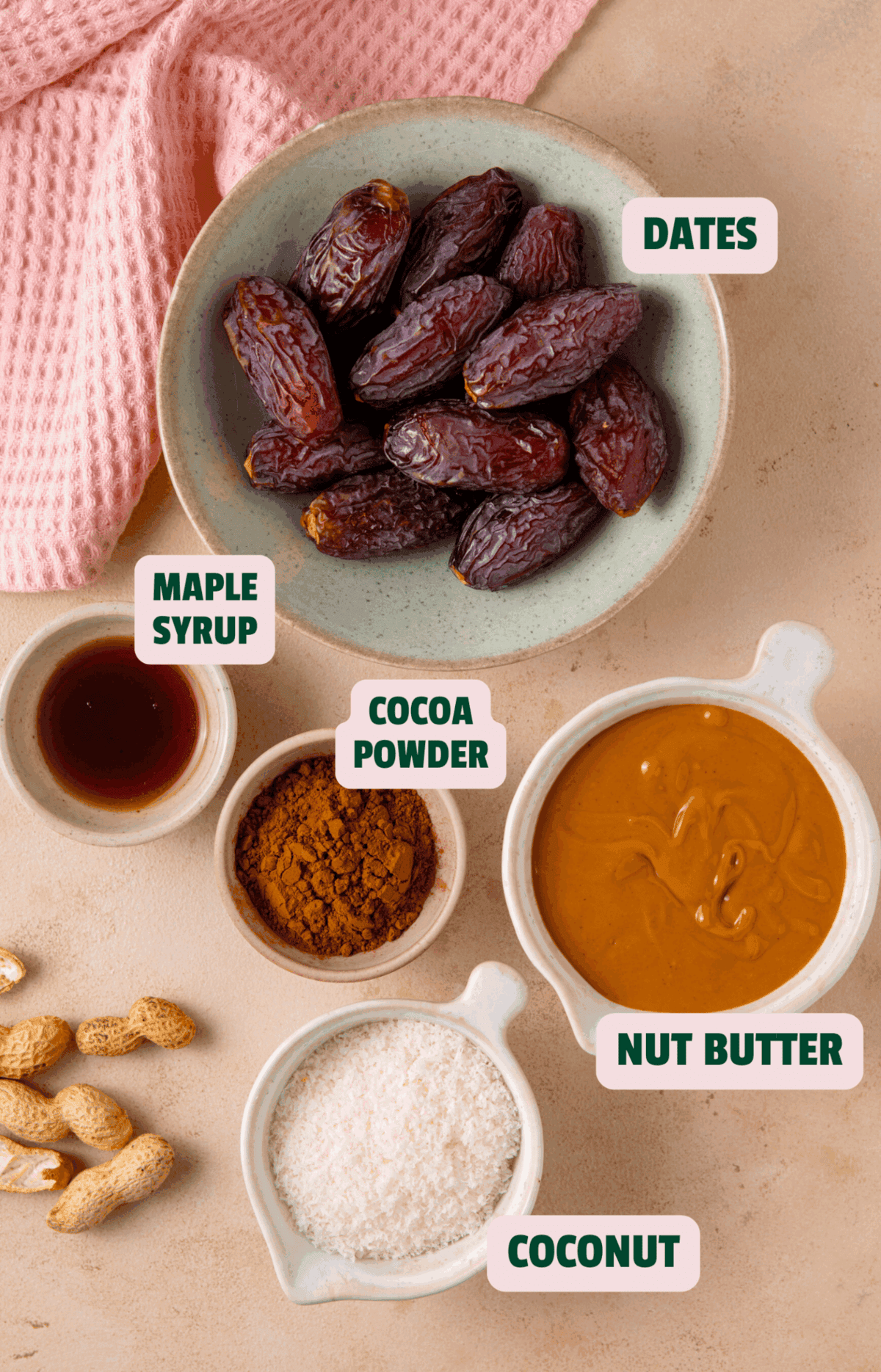 Ingredients for date energy balls with text labels.