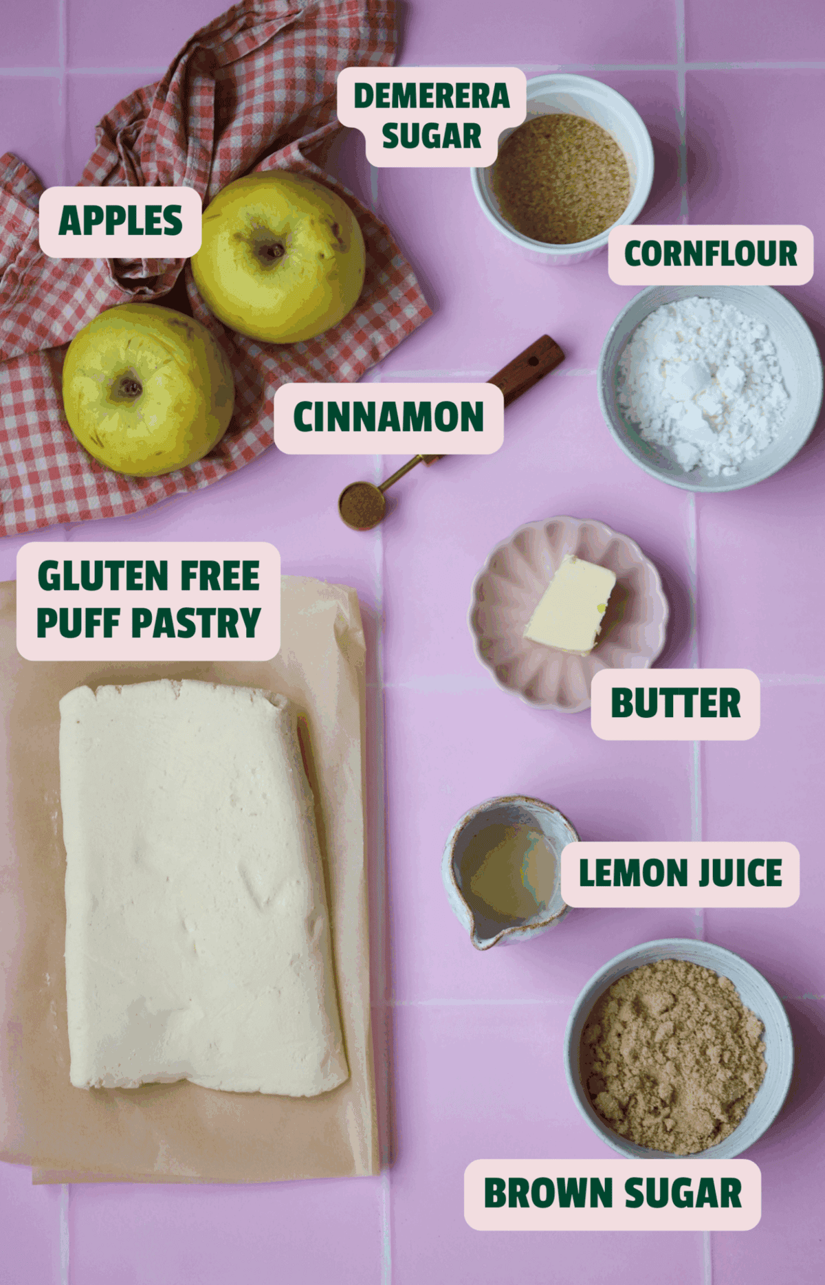 Ingredients for gluten free apple turnovers with text labels.