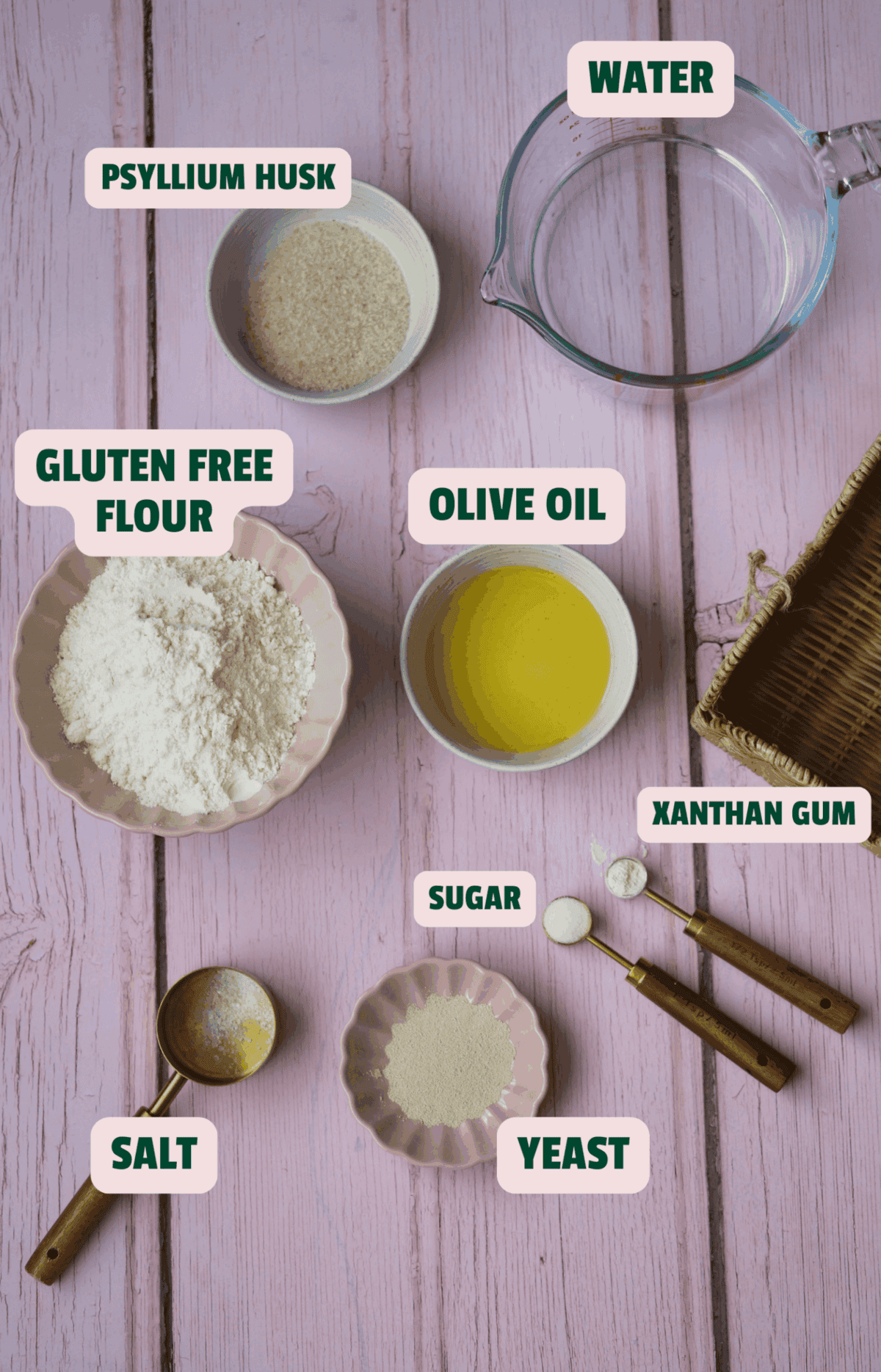 Ingredients for gluten free breadsticks with text labels.