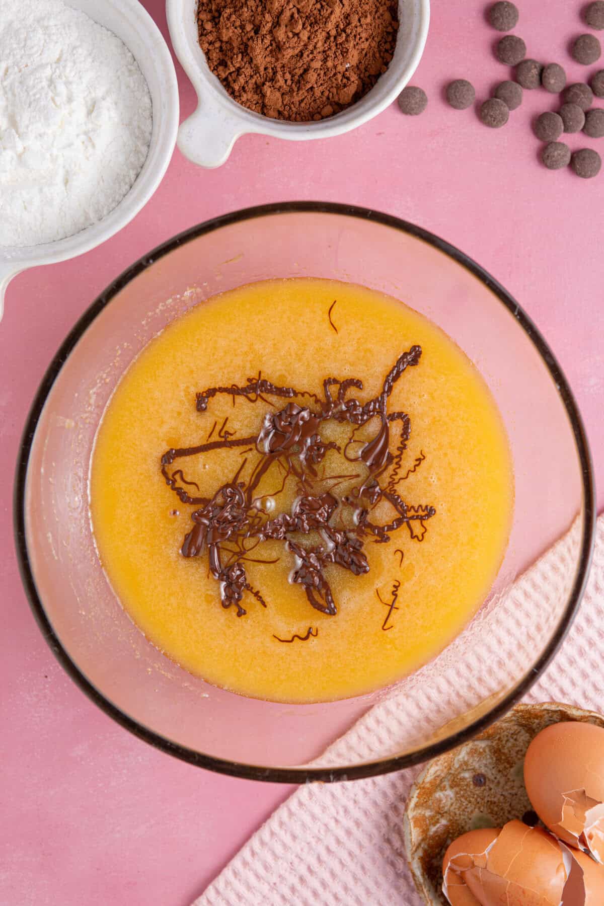 Whisk the wet ingredients together then add the melted chocolate.