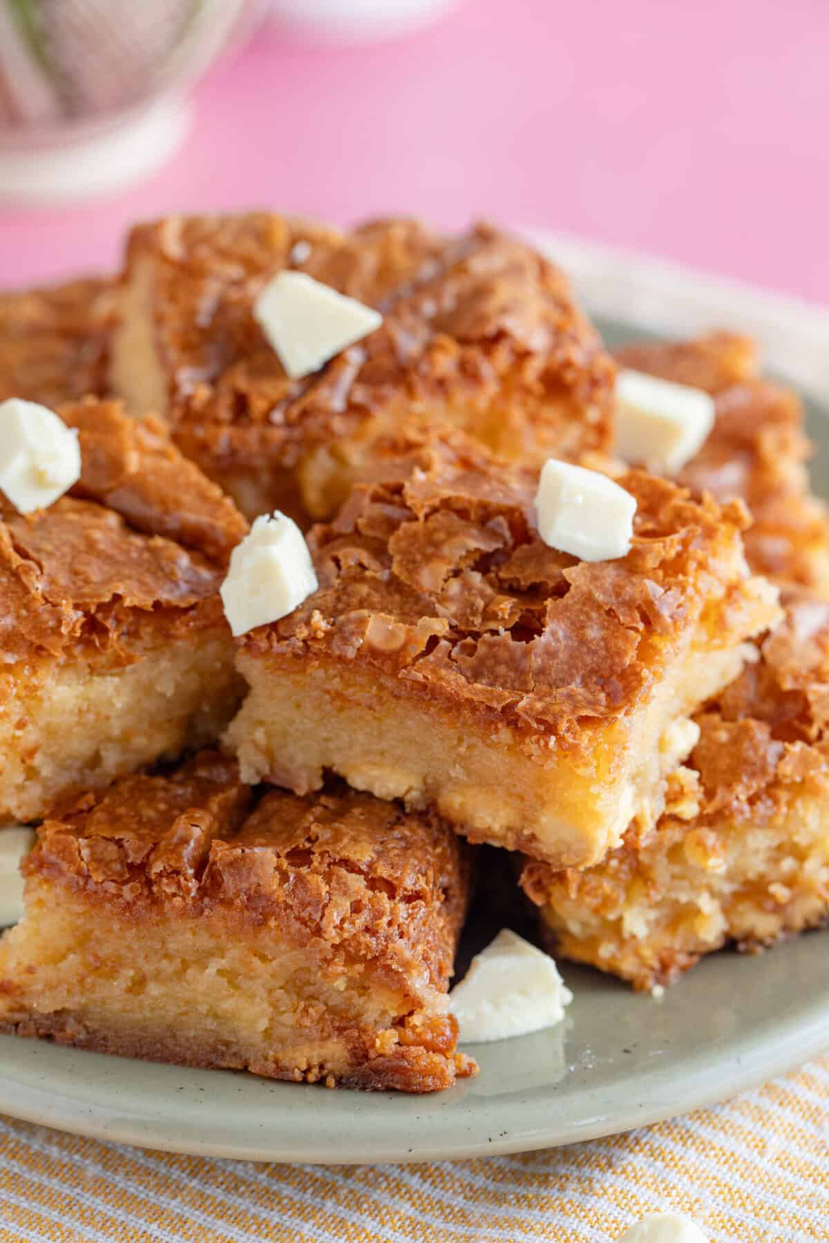 A plate of white chocolate brownies.