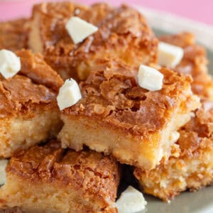 A plate of white chocolate brownies.