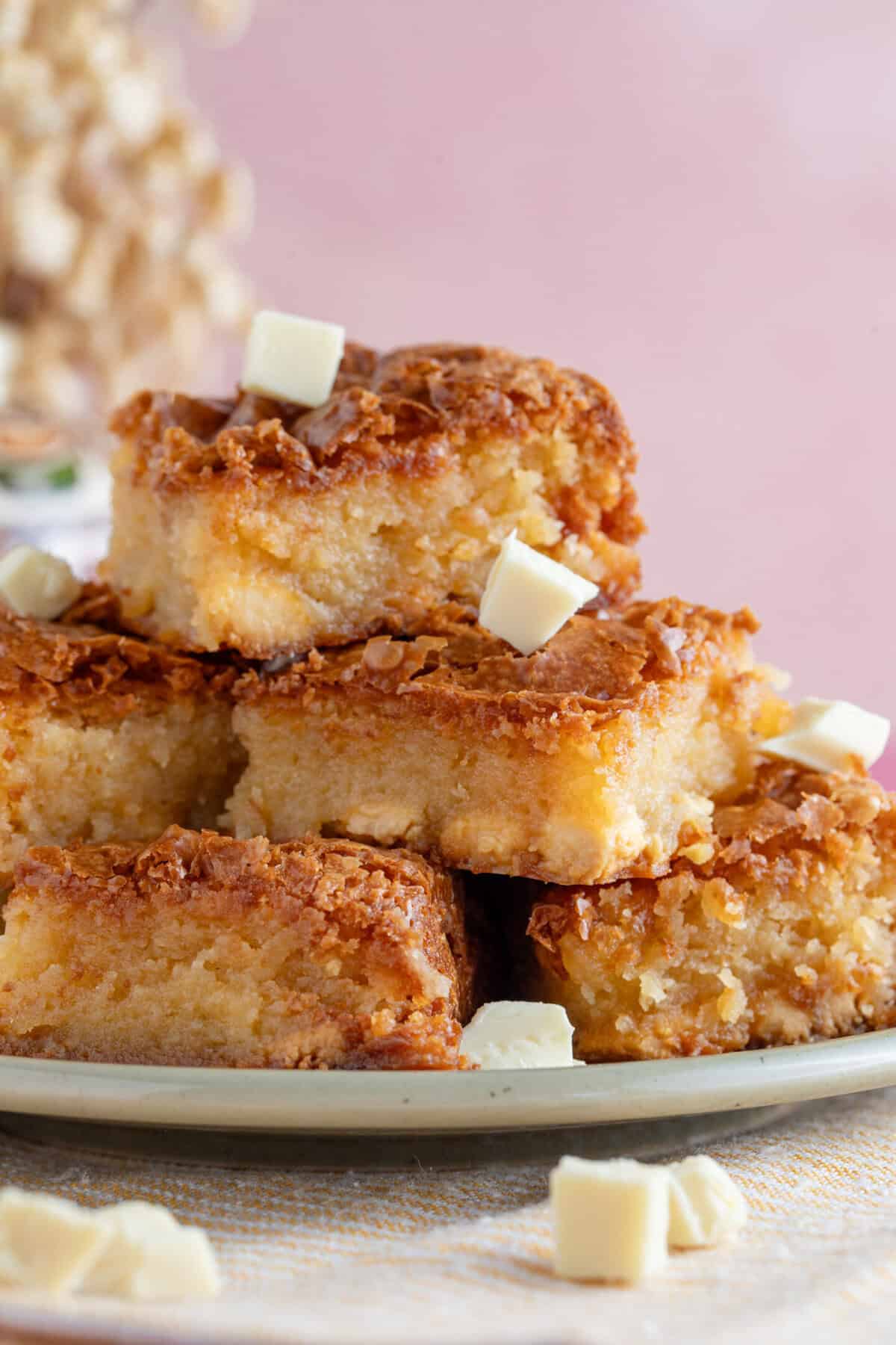 A plate of white chocolate brownies.