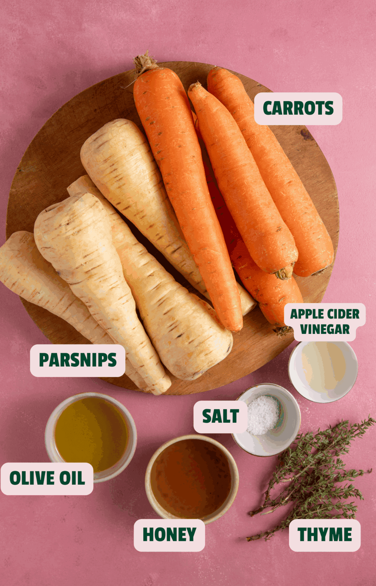 Ingredients for honey roasted carrots and parsnips with text labels.