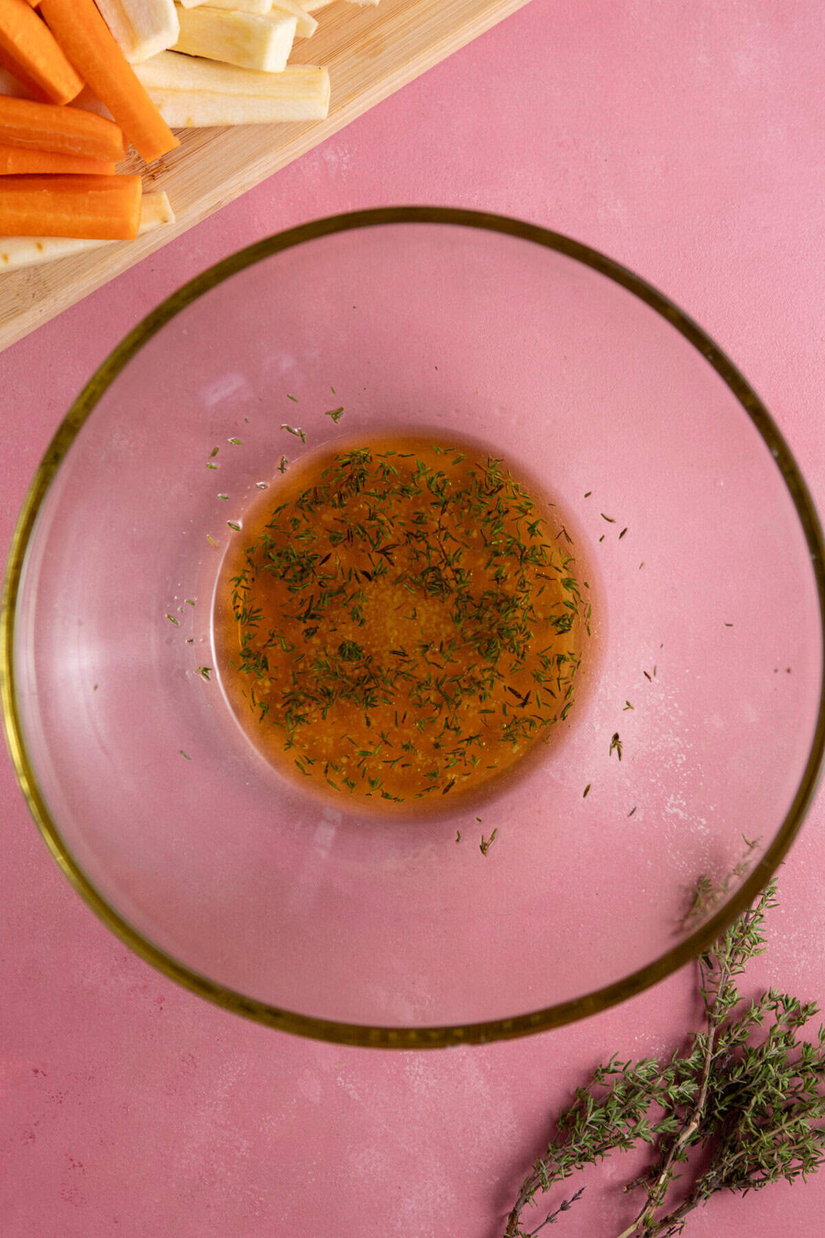 Mix together the marinade for the carrots and parsnips.