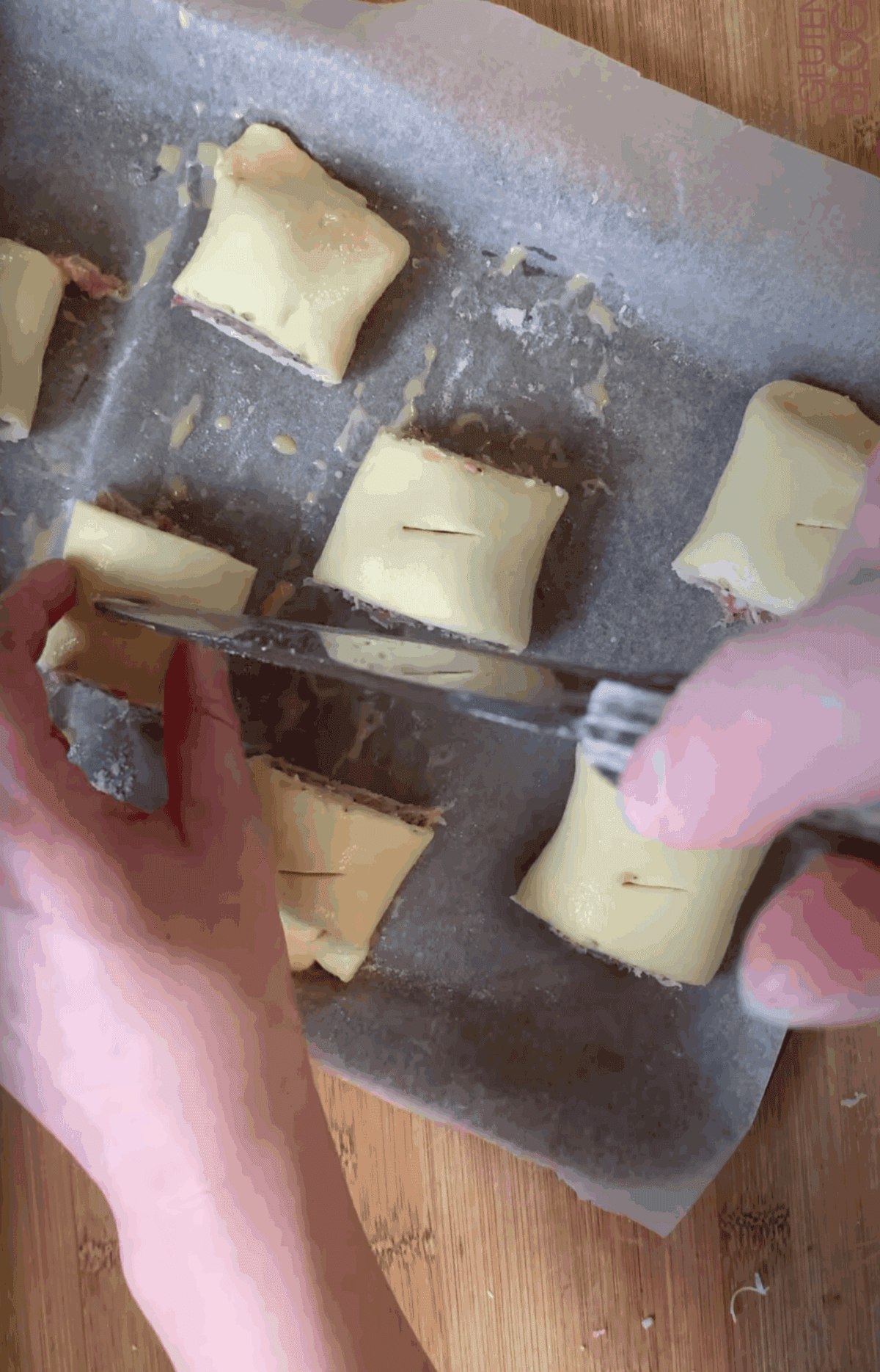 Cut the large sausage rolls into 4 then bake.