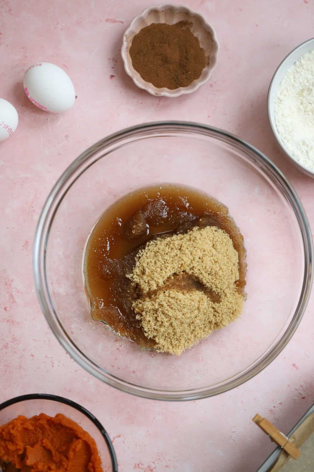 Mix together the oil and sugar in a mixing bowl.