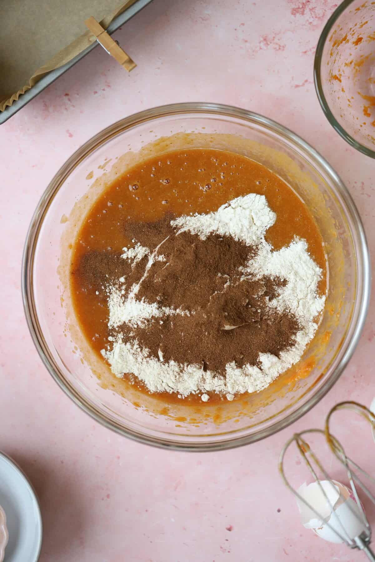 Add the dry ingredients into the wet batter.