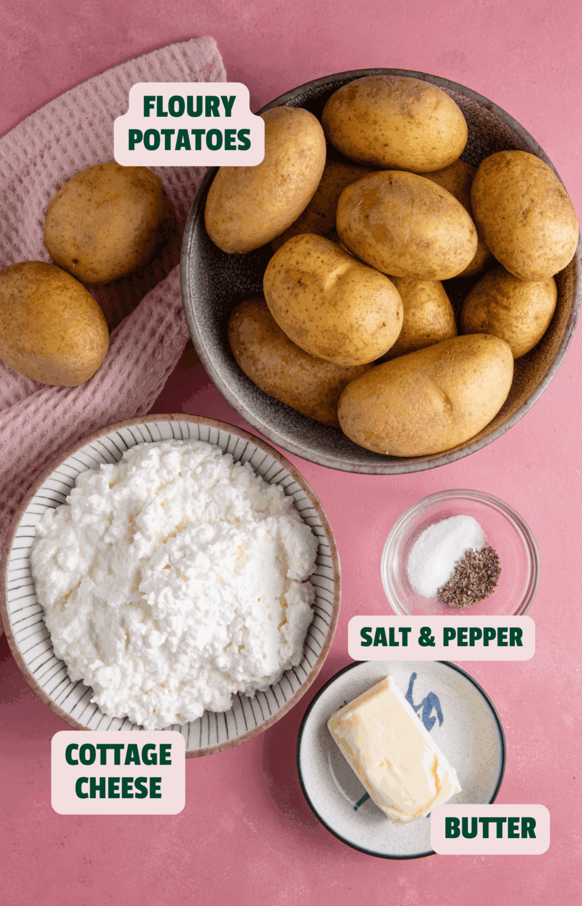 Ingredients for cottage cheese mashed potato with text labels.