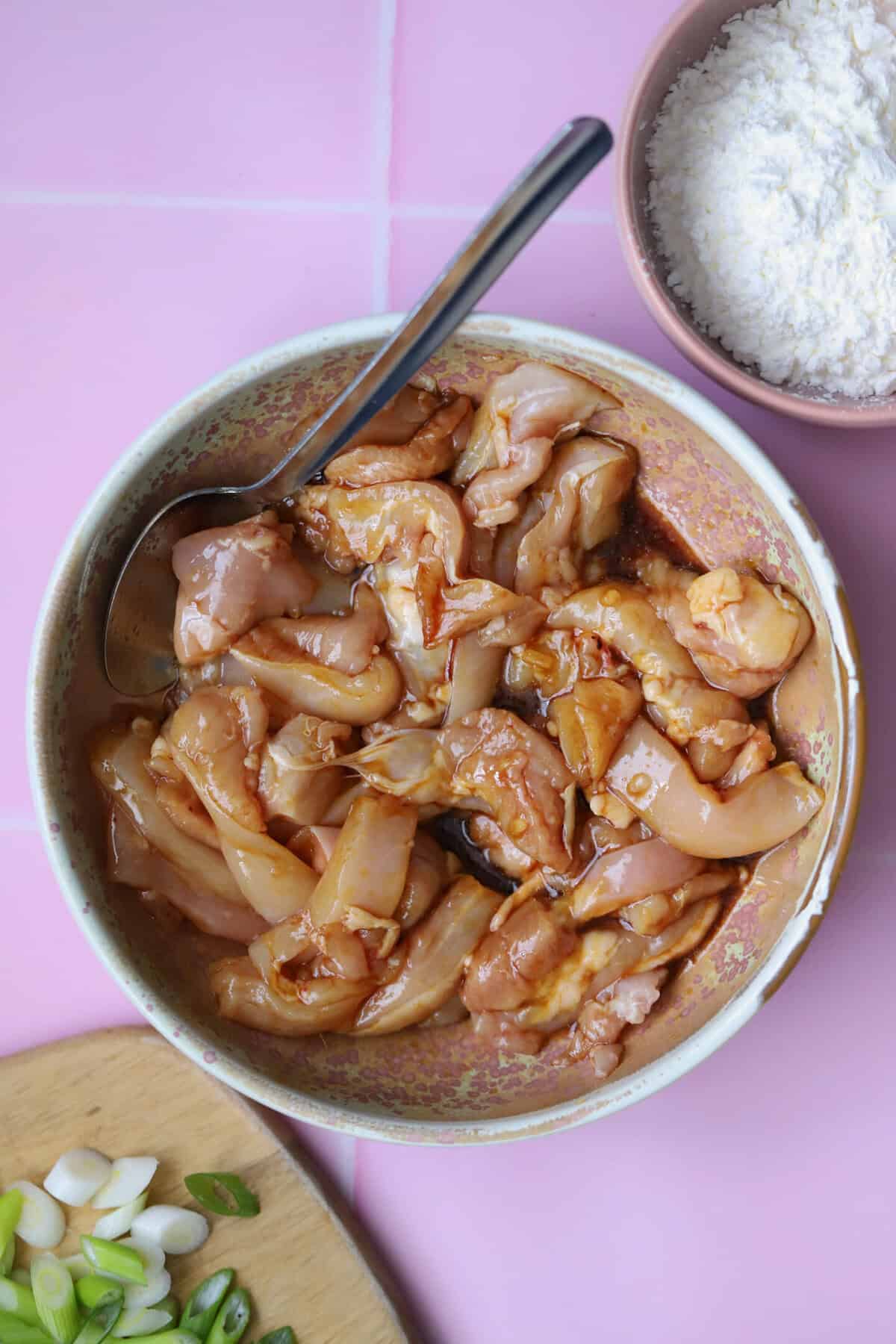 Coat the chicken thigh strips in the marinade.