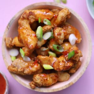 A bowl of air fryer crispy chilli chicken.