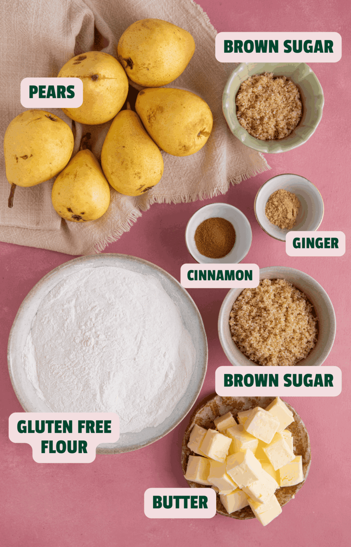 Ingredients for a gluten free pear crumble with text labels.