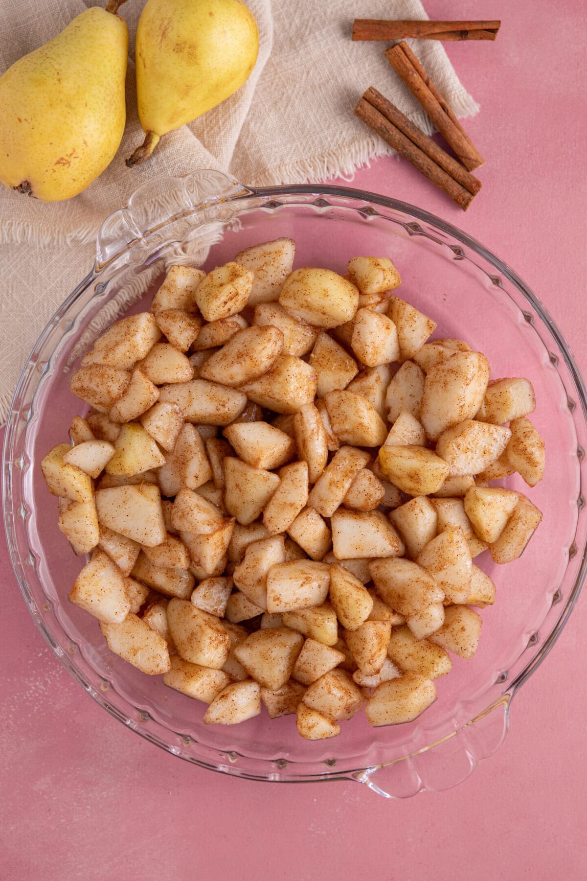 Cut up the pears and mix with the brown sugar and spices.