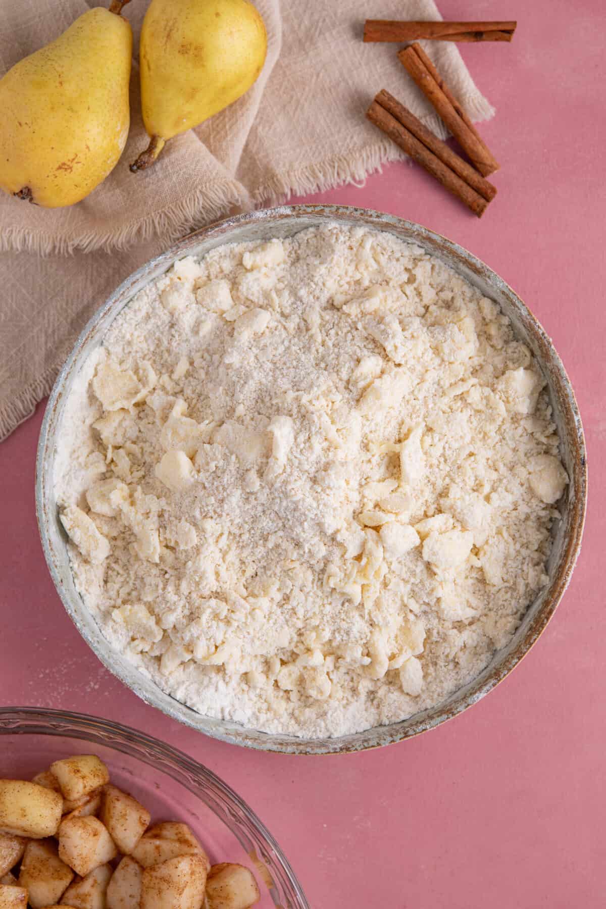 Rub the flour mix into the butter until it forms a breadcrumb-like texture.