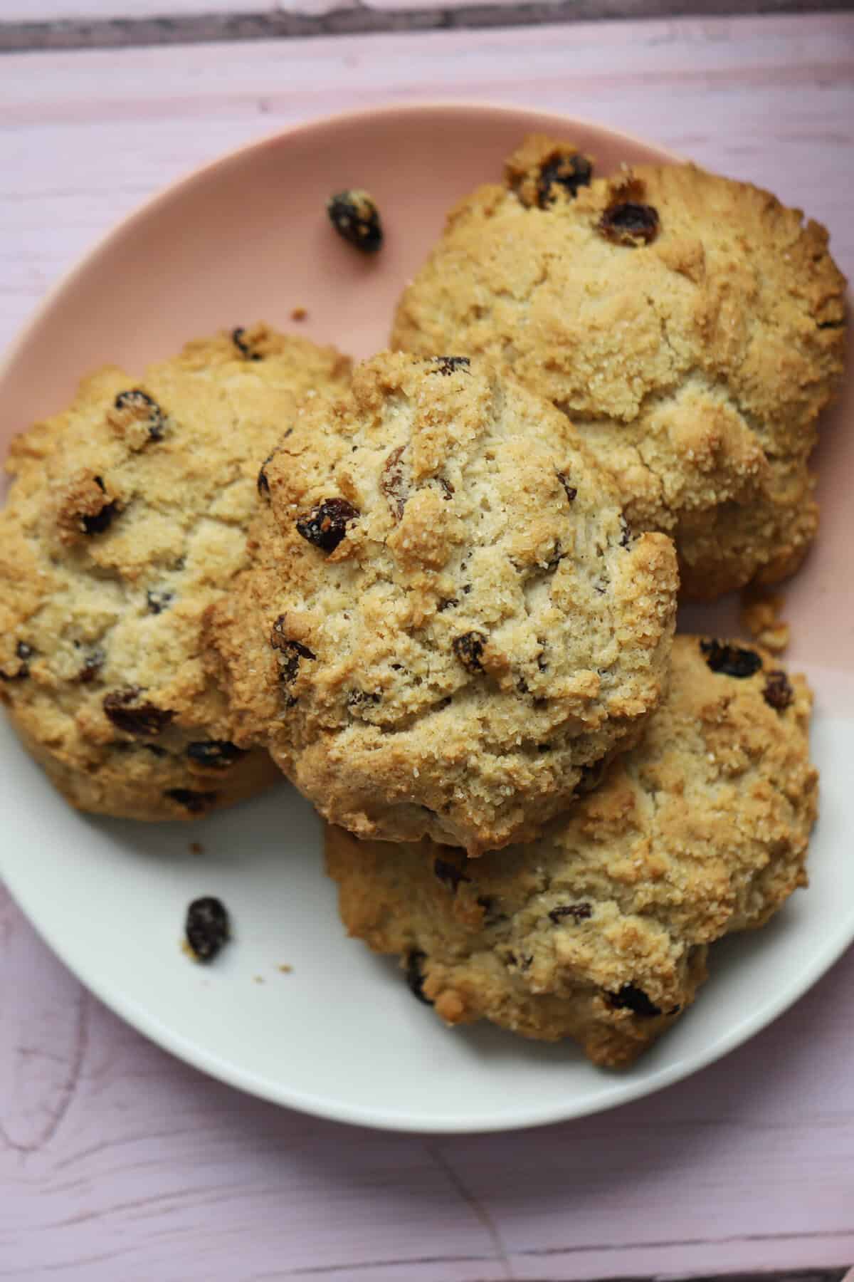 Overhead shot of a plate of gluten free rock cakes.