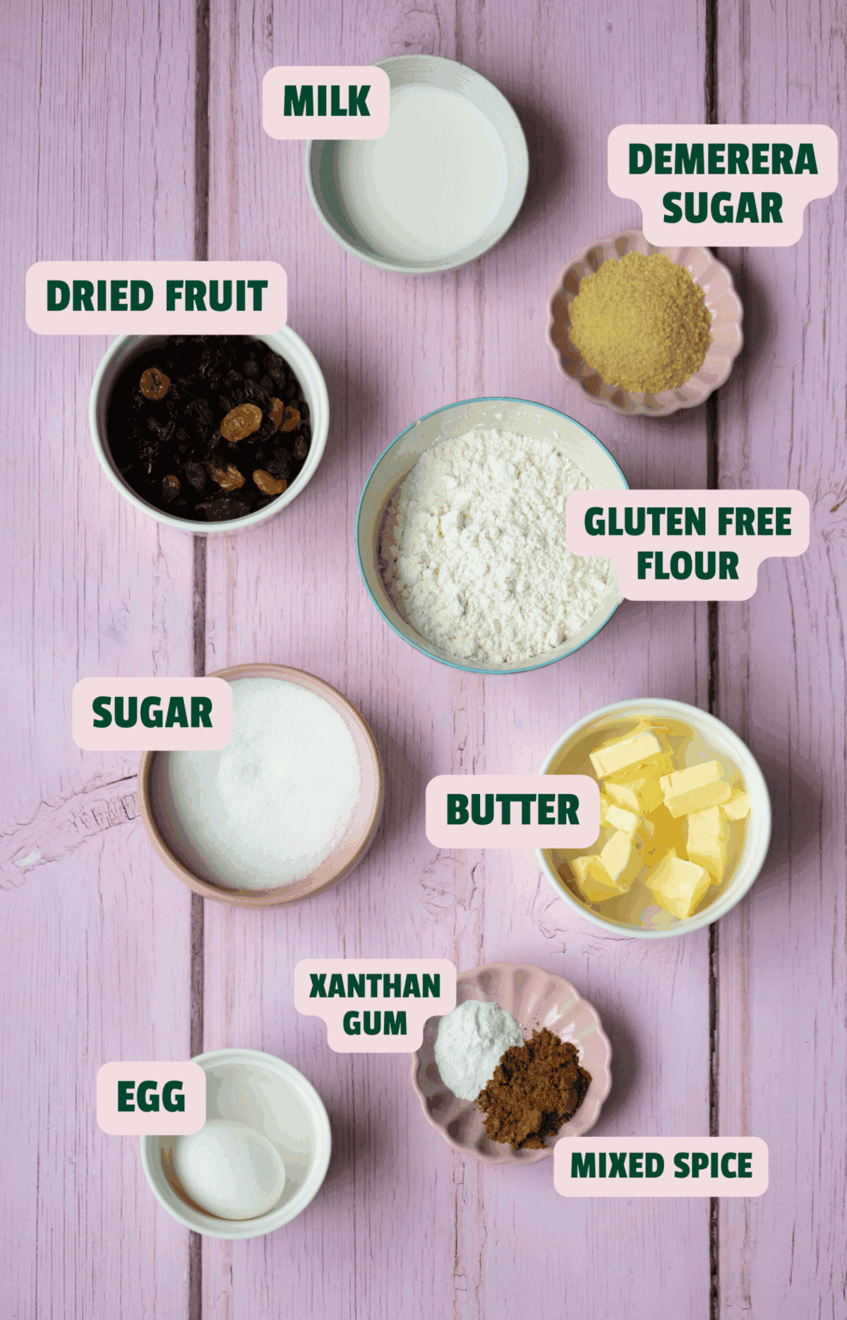 Ingredients for gluten free rock cakes with text labels.