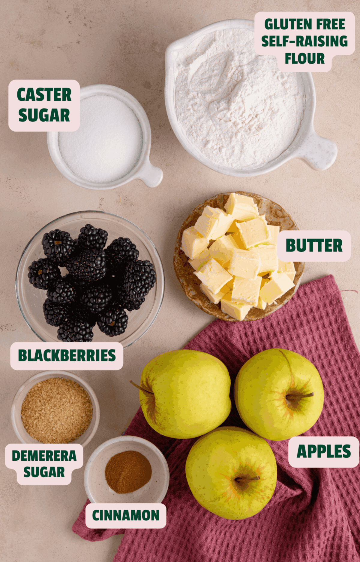Ingredients for gluten free apple and blackberry crumble.