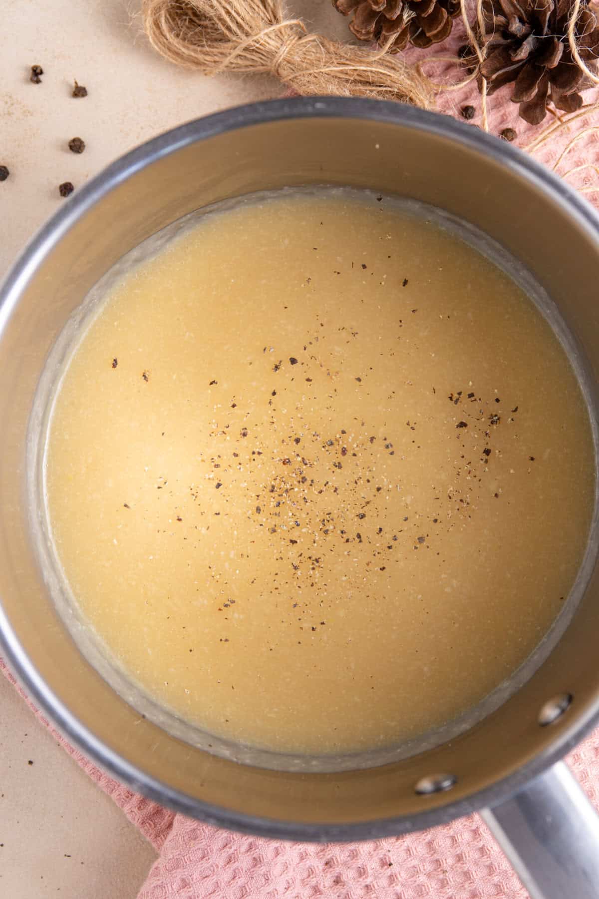 A pan of gluten free and vegan miso gravy.
