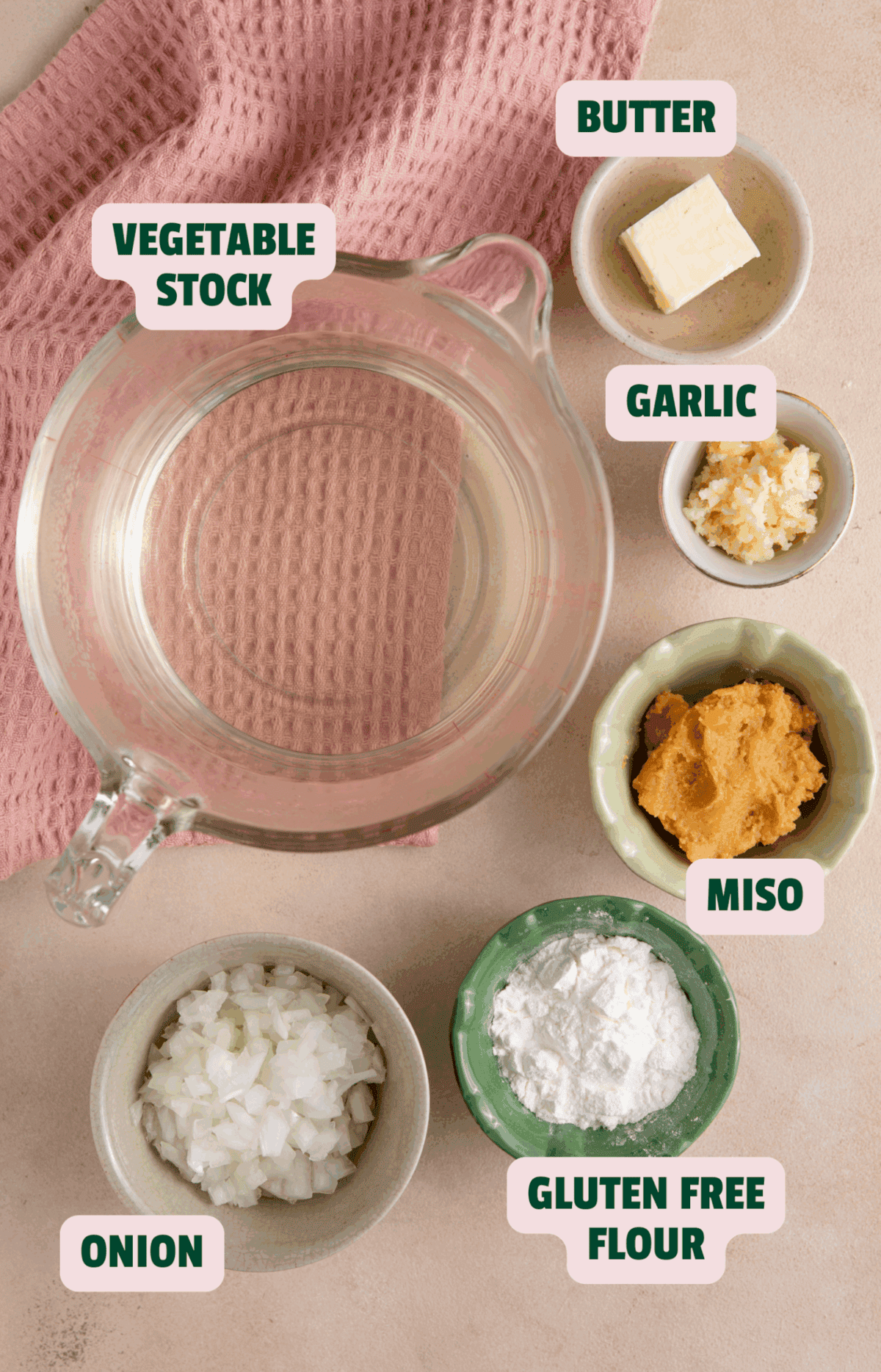 Ingredients for miso gravy laid out with text labels.