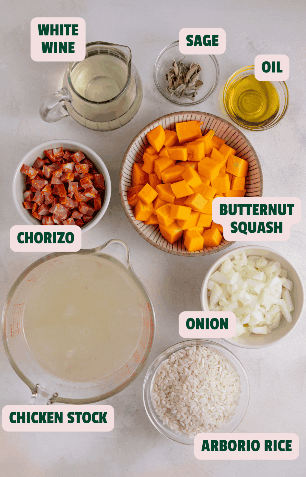 Cubes of butternut squash, chorizo, onions, and garlic with chicken stock, white wine, sage, and oil for a gluten-free recipe.