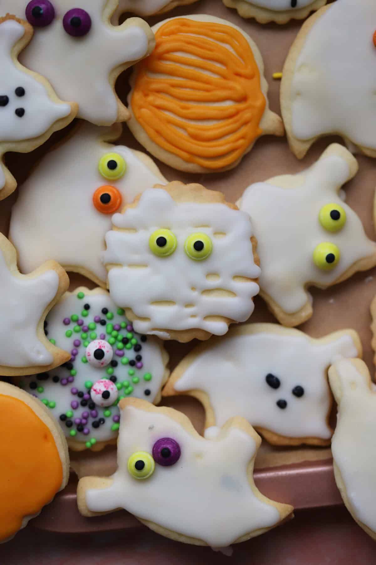 Ingredients for gluten free Halloween biscuits with text labels.