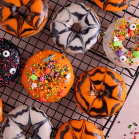 A tray of gluten free Halloween doughnuts.