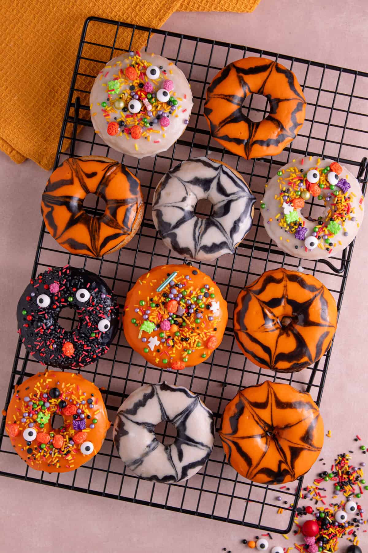 A tray of gluten free Halloween doughnuts.