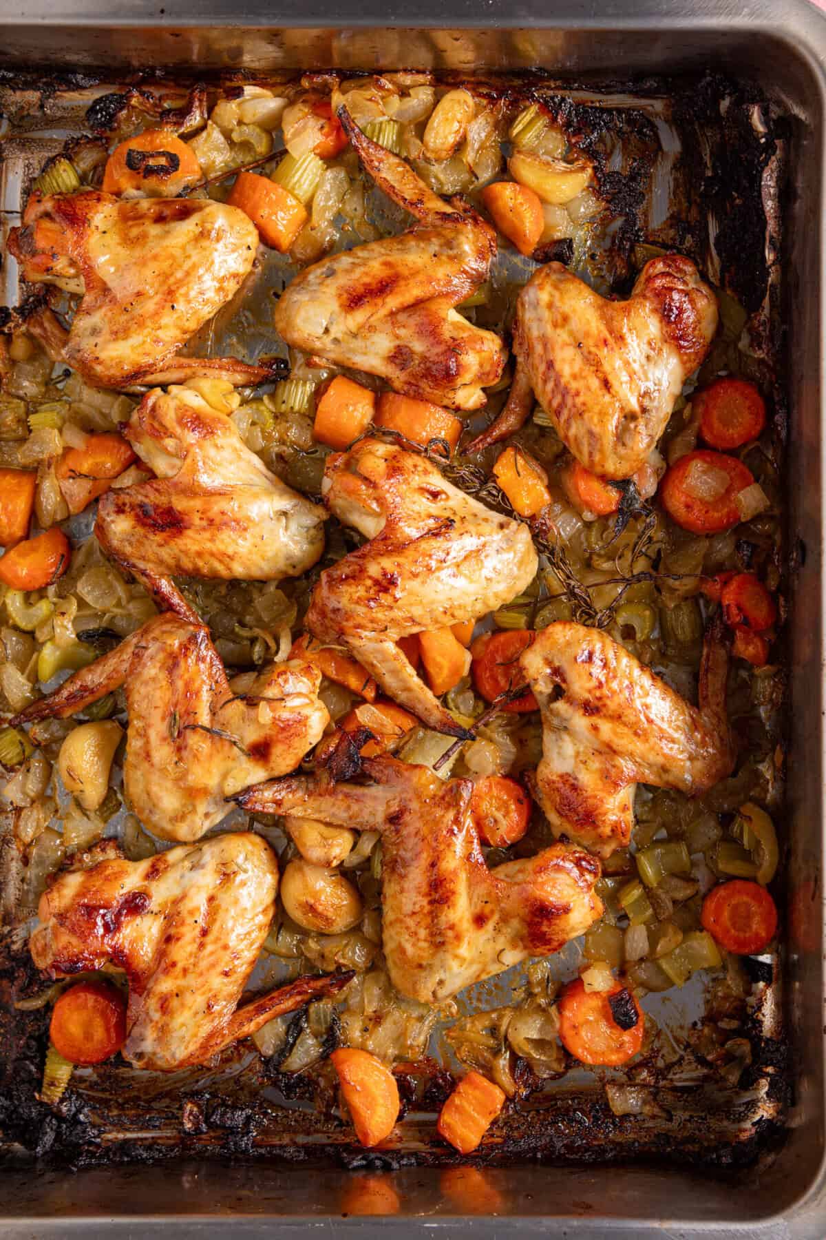 Roast until the chicken wings are cooked through and the veg is tender.