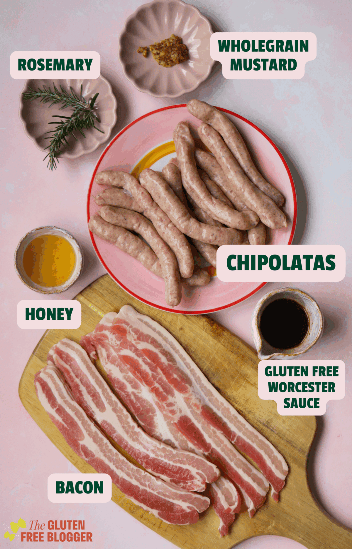 Ingredients for gluten free pigs in blankets including chipolatas, bacon, rosemary, mustard and honey.