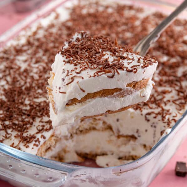 A spoon holding up a portion of gluten free tiramisu.