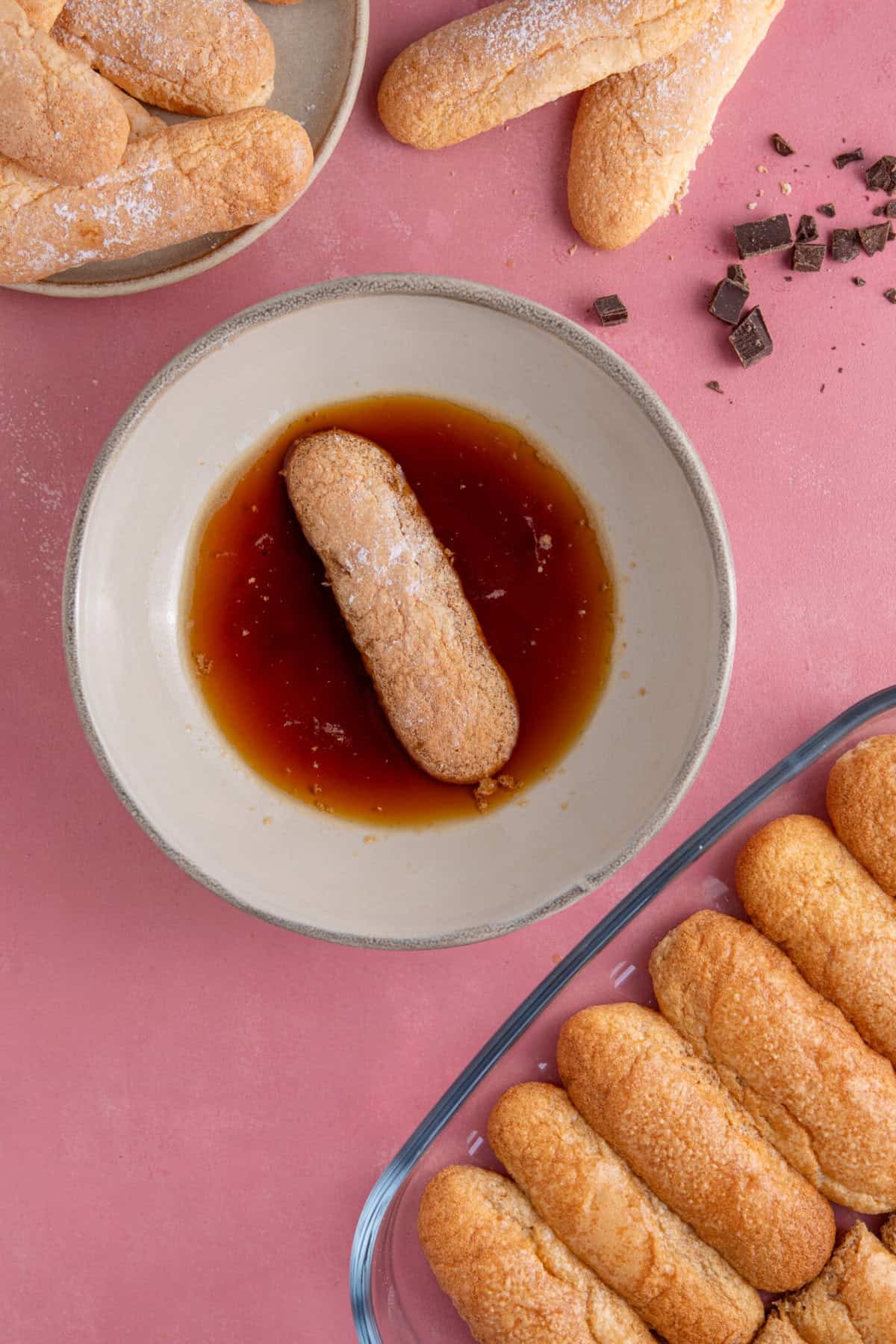 Soak the gluten free lady fingers in the espresso and tiramisu.