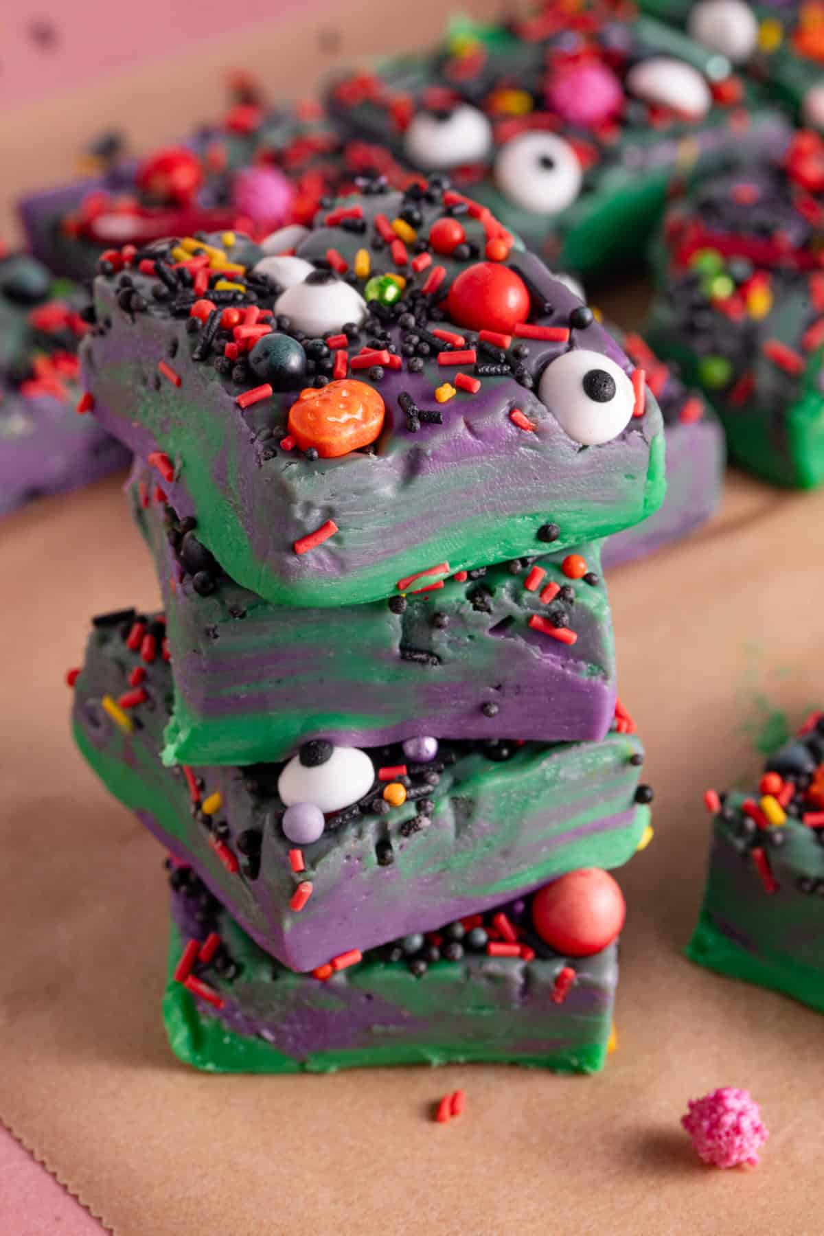 A stack of Halloween fudge squares.