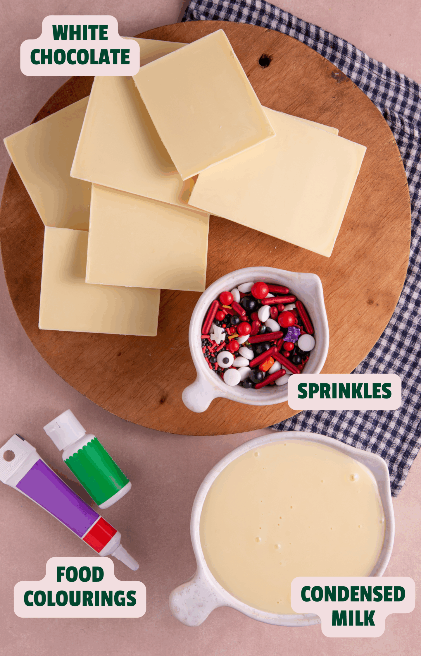 Ingredients for halloween fudge with text labels.