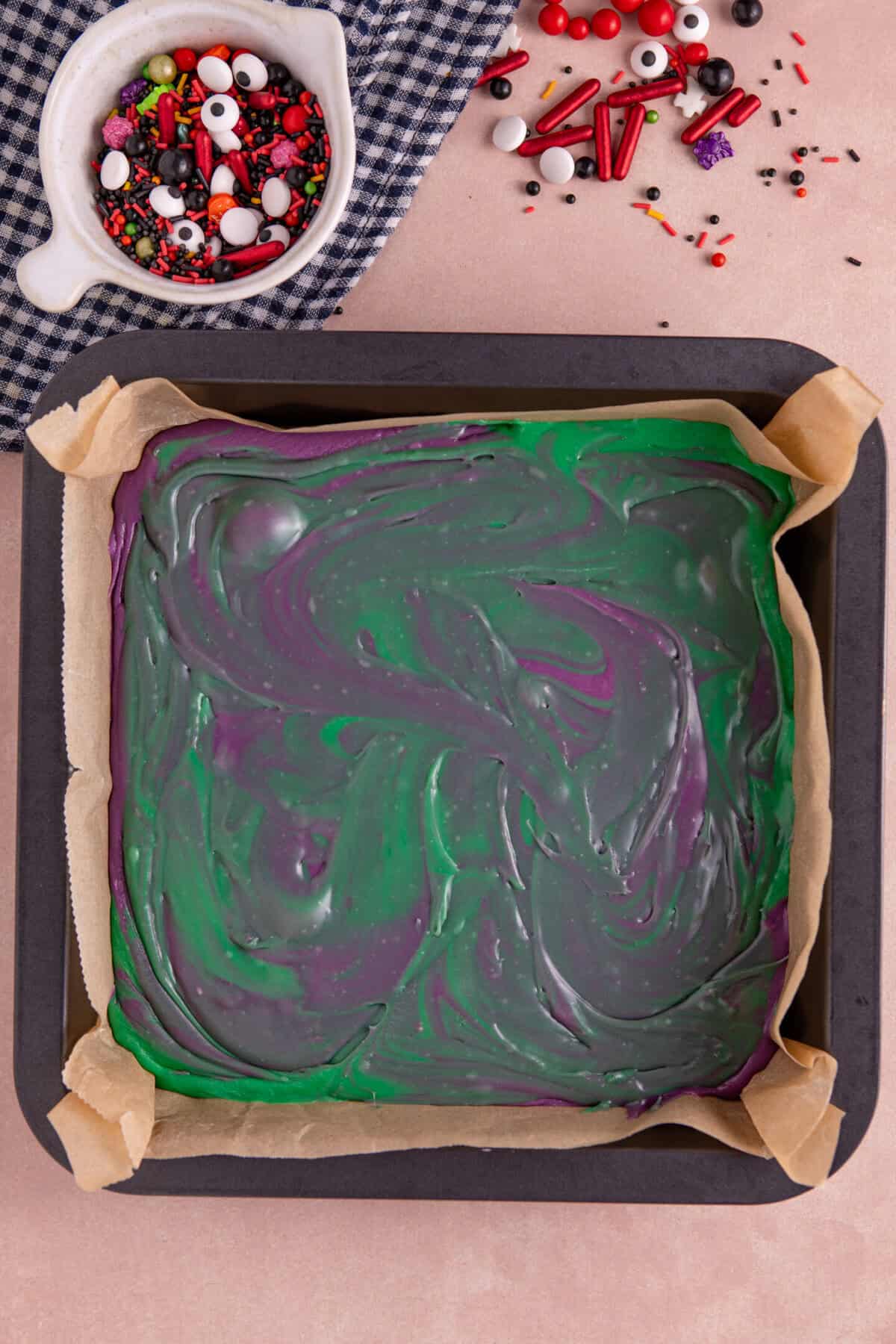 Swirl the two colours to produce a marble effect.